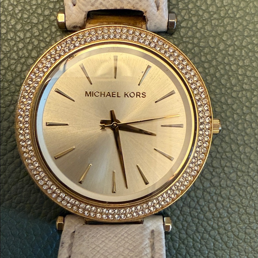 Michael Kors Gold-Tone Crystal Watch with Cream Strap